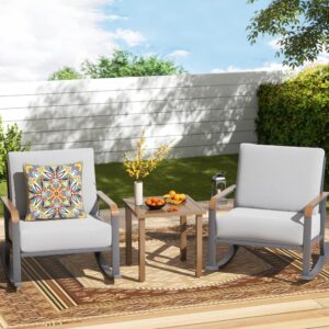 natural expressions glider rocking chair bistro set, 3 pieces outdoor patio furniture conversation set with 2 rocker chairs, 1 table and thick cushions for backyard, porch, balcony, 350lbs, grey.