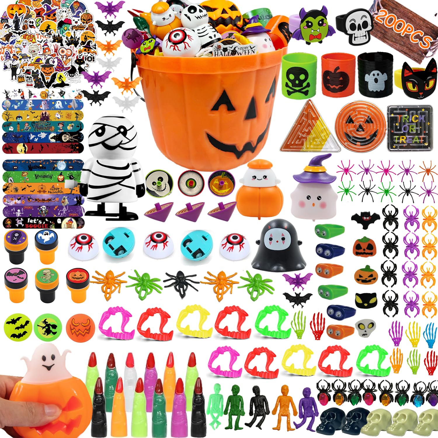 SQZUWIT 200pcs Halloween Party Toys Assortment for Kids Halloween Party Favors Prizes Box Toy Assortment Classroom Trick Treating Halloween Treasure Box Toys