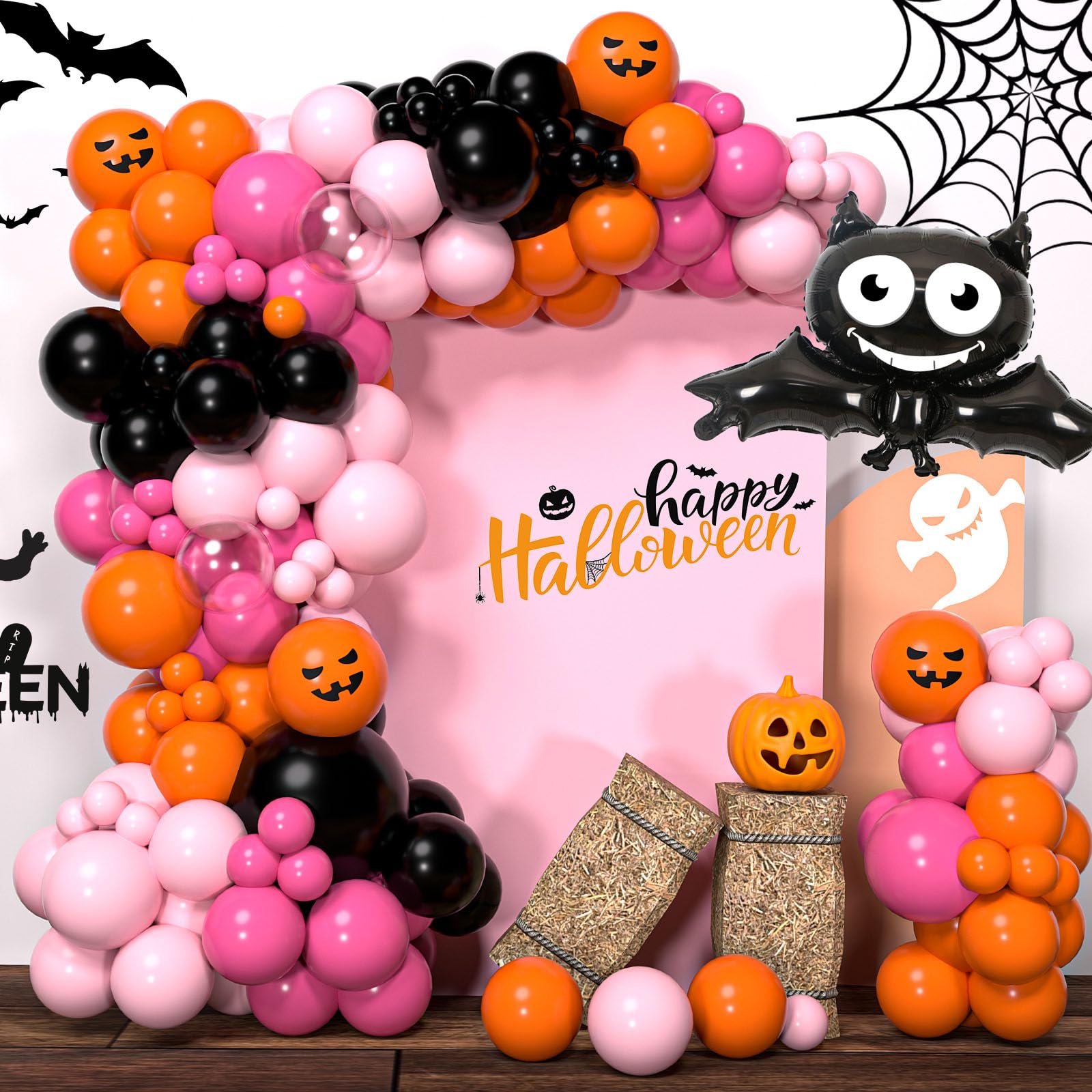 BACOKEY Halloween Balloons Halloween Balloon Garland Arch Kit With Black Orange Hot Pink Balloons Ghost Bat Foil Balloon for Baby Shower Birthday Party Halloween Party Decoration