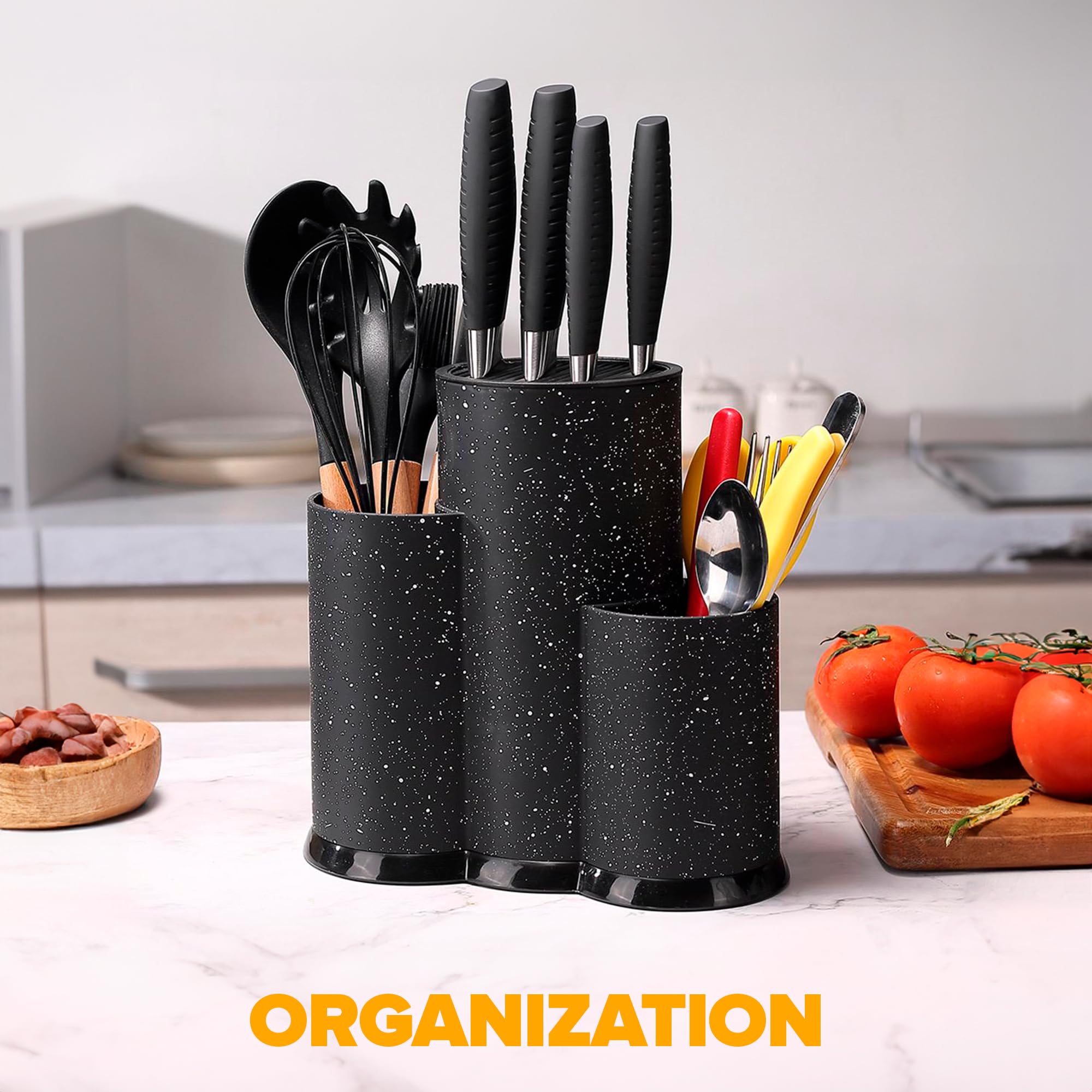 OPPS Products Kitchen Organization Set includes: Utensil holder, Knife Holder and Silicone Drying Mat for kitchen counter, stainless steel kitchen utensil organizer., Medium, Black