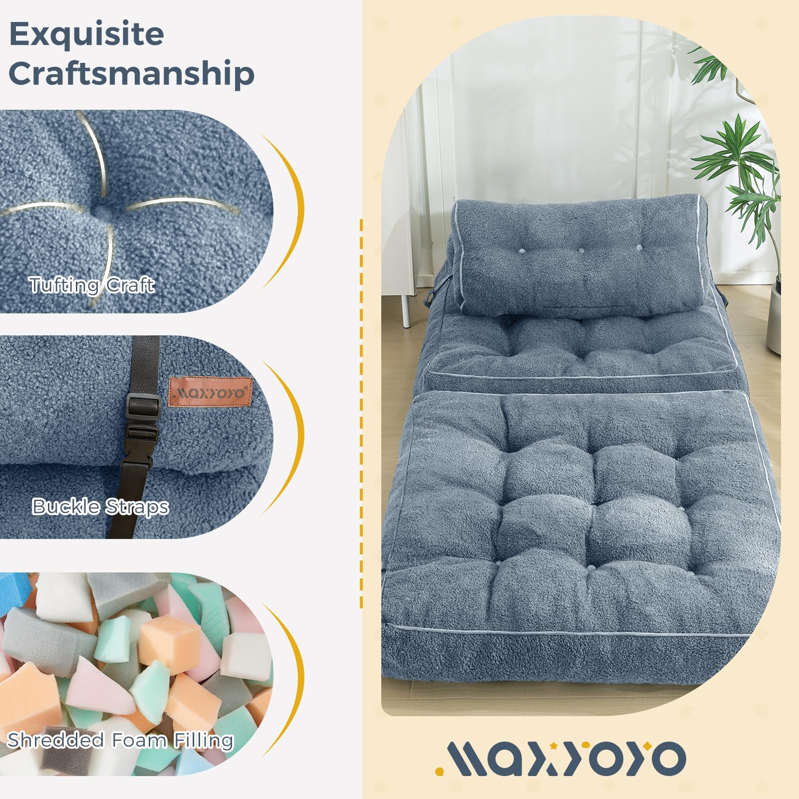 MAXYOYO Folding Sofa Bed, Convertible Sleeper Chair with Pillow Foldable Mattress with Back Support, Portable Fold Out Sofa Couch Fuzzy Fabric Comfy Floor Sofa Lounge for Living Room, Dusty Blue