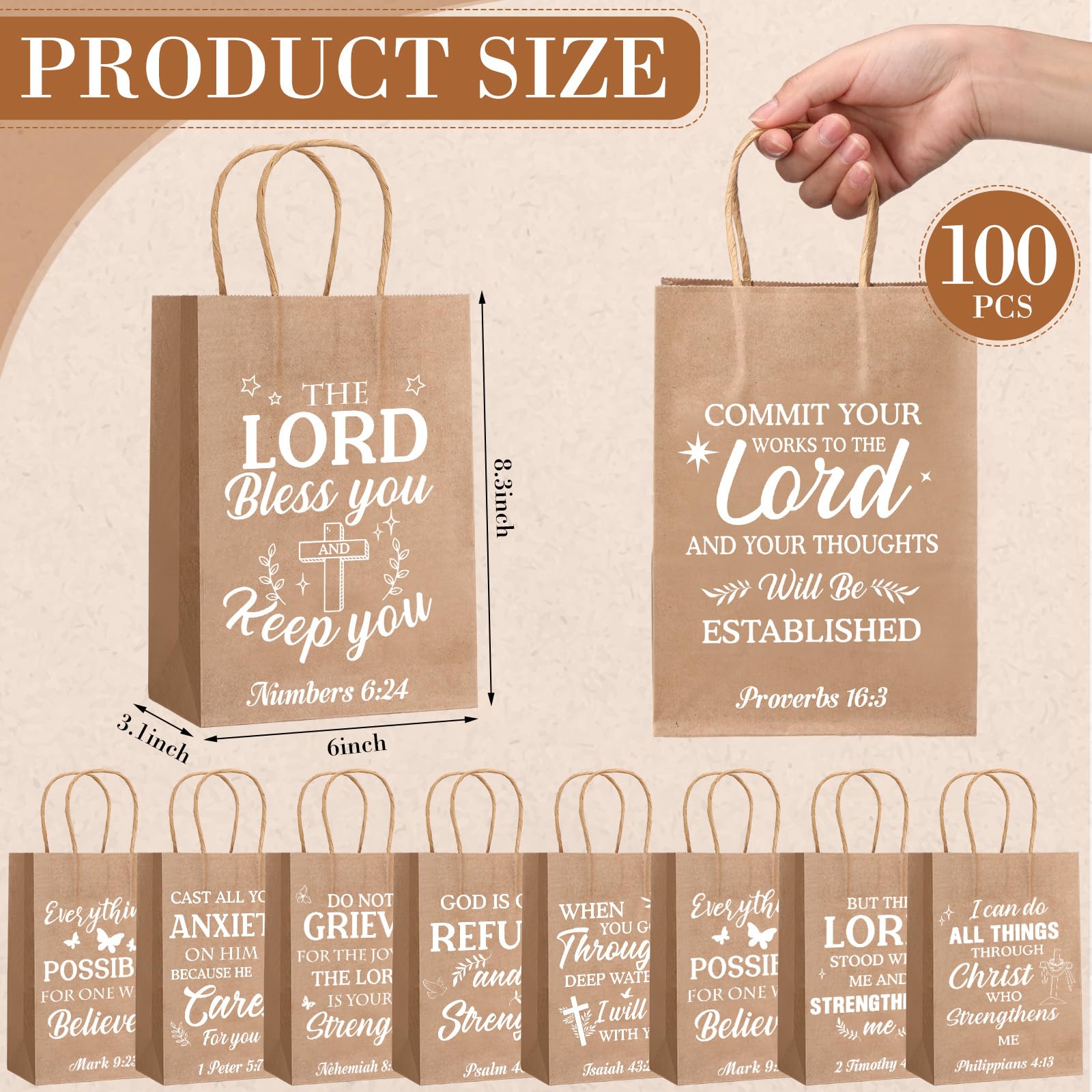 Chiisong 100 Pcs Christian Gift Bags Religious Bible Verse Treat Bags with Handles Inspirational Scripture Church Bag for Sunday School Baptism Guest Birthday Party Favor (Kraft with White)