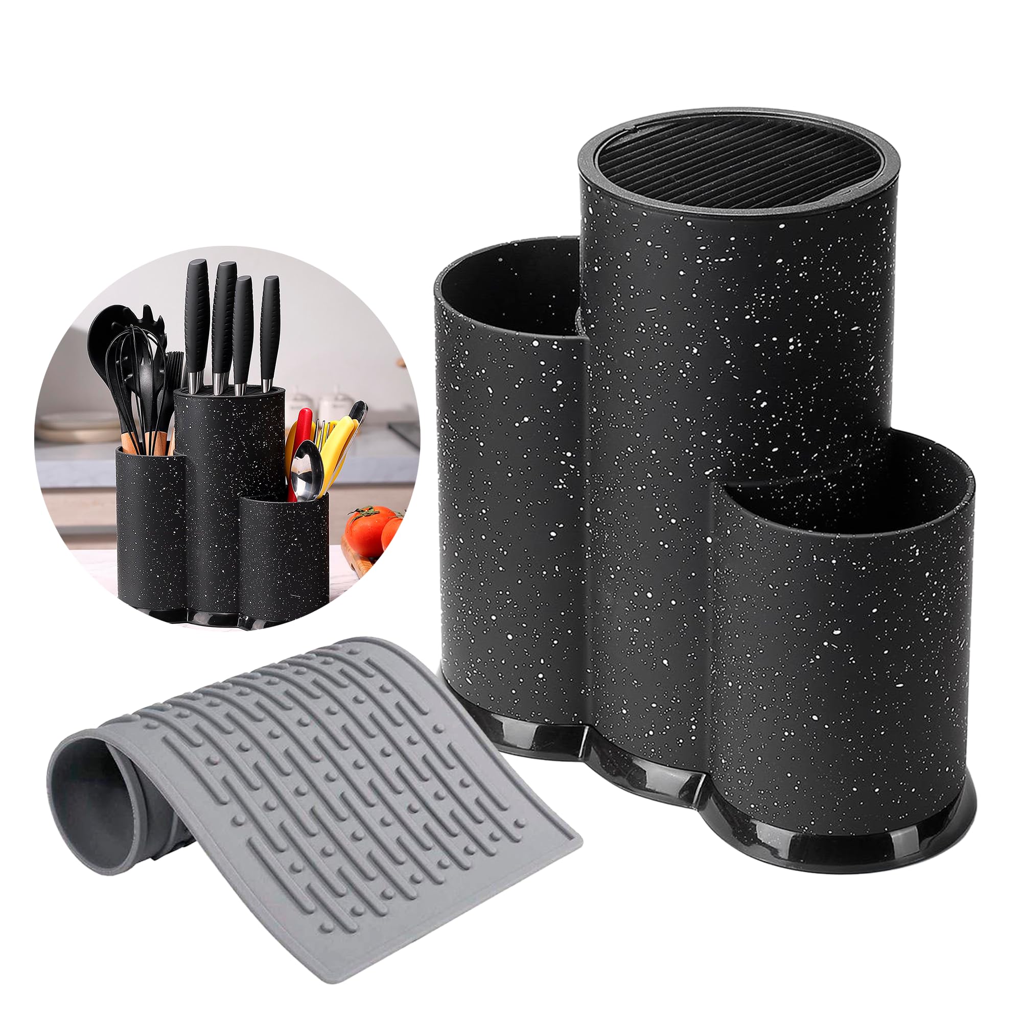 OPPS Products Kitchen Organization Set includes: Utensil holder, Knife Holder and Silicone Drying Mat for kitchen counter, stainless steel kitchen utensil organizer., Medium, Black