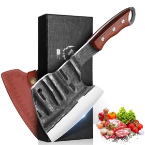 dream reach newest meat bone cleaver knife for meat cutting,handmade heavy duty butcher knife with sheath, hand forged full tang chopper for kitchen, outdoor cooking and bbq