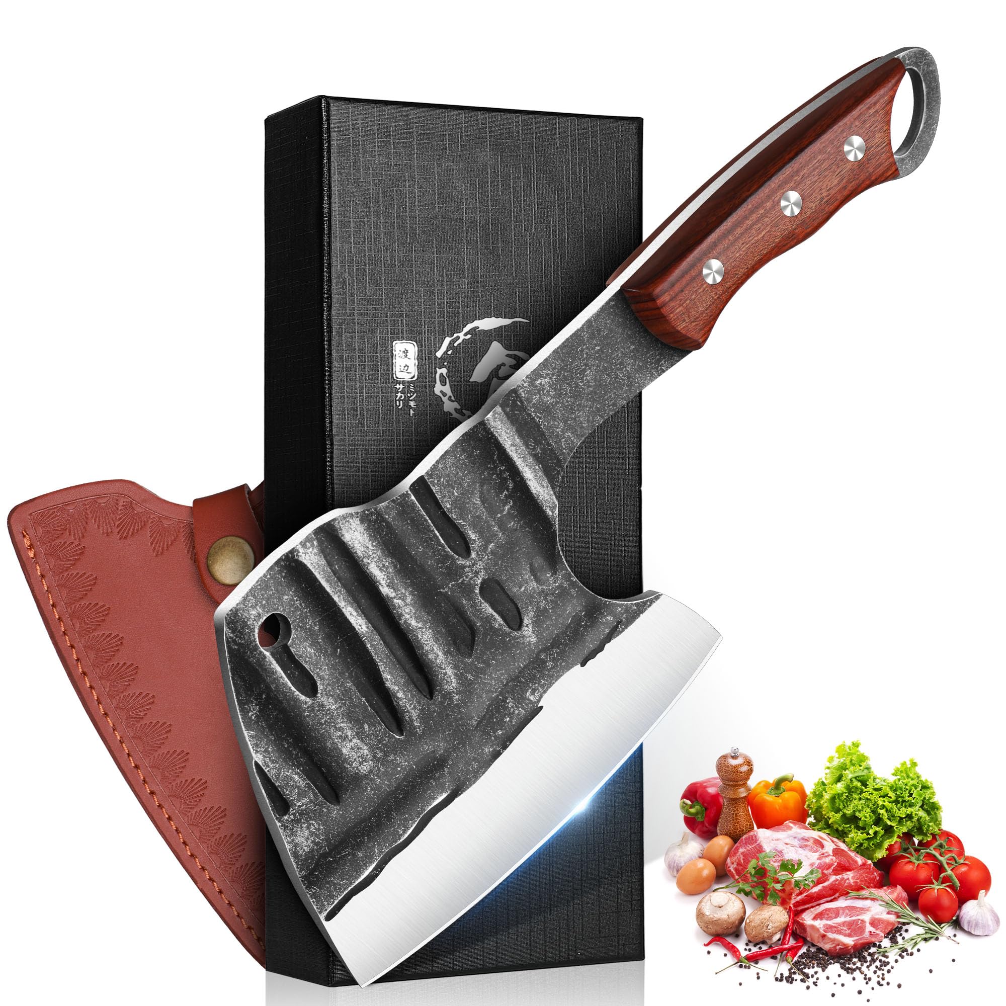 Dream Reach Newest Meat Bone Cleaver Knife for Meat Cutting,Handmade Heavy Duty Butcher Knife with Sheath, Hand Forged Full Tang Chopper for Kitchen, Outdoor Cooking and BBQ