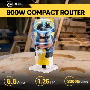 SILVEL Wood Router, 800W Wood Routers for Woodworking, 6.5Amp 1.25HP Hand Wood Router Tool, 30000R/MIN Compact Edge Trimmer with 15 1/4" Router Bit Set, Yellow