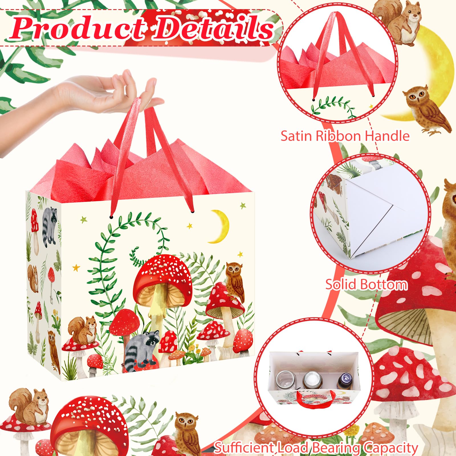 Mushroom Gift Bag for Mushroom Party Decoration Mushroom Birthday Gift Bag with Tissue Papers and Card Mushroom Themed Wrapping Bags Squirrel Owl for Boys Girls Jungle Party Favor Bags Baby Shower