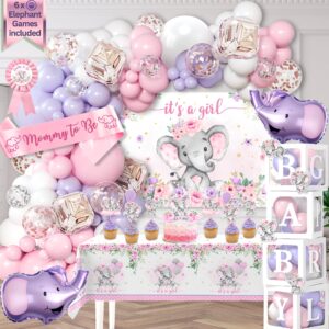 169 pc premium pink elephant baby shower decorations girl, balloon garland arch, balloons boxes, it's a girl backdrop, tablecloth, cake topper - decoracion de baby shower para niña