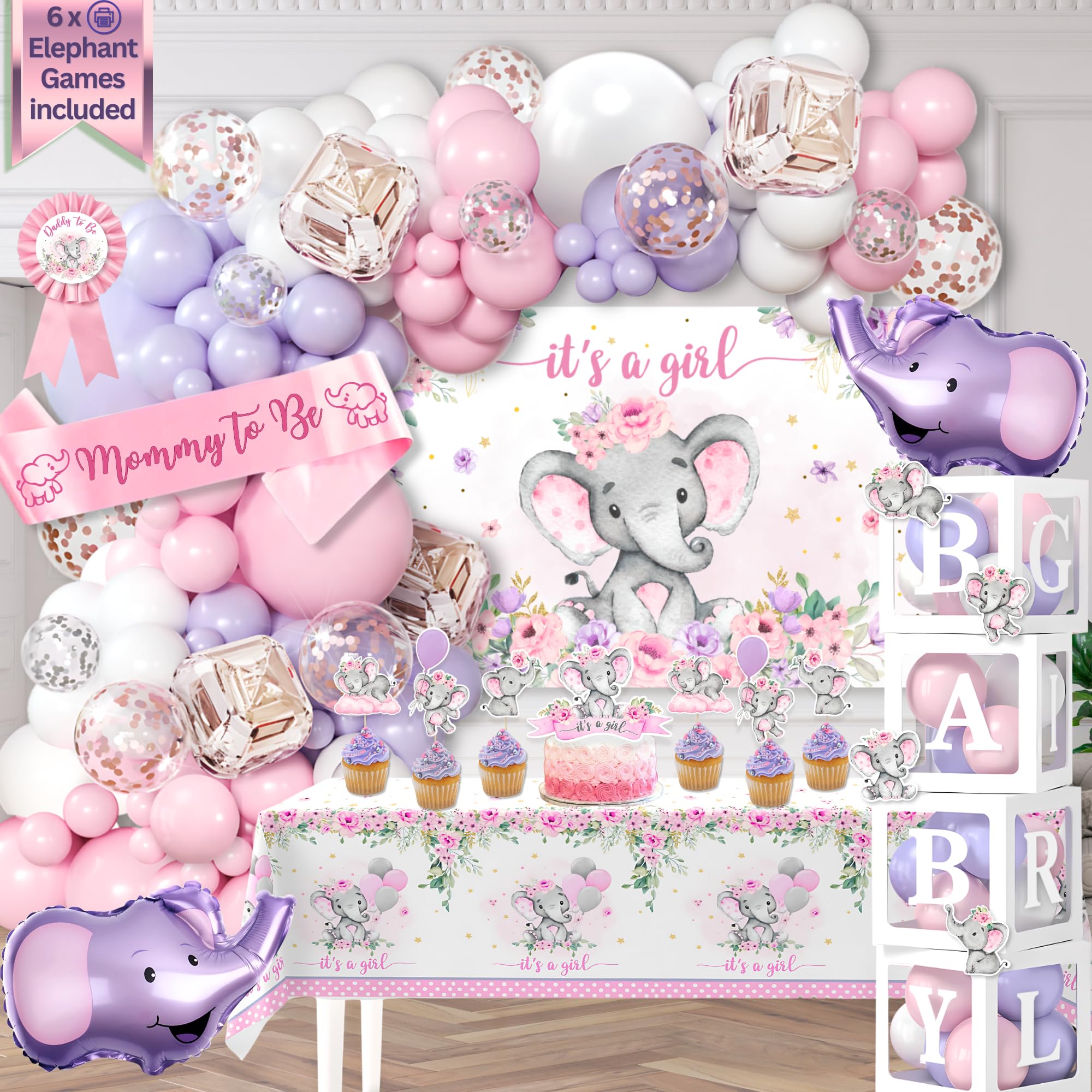 169 pc Premium Pink Elephant Baby Shower Decorations Girl, Balloon Garland Arch, Balloons Boxes, It's A Girl Backdrop, Tablecloth, Cake Topper - Decoracion de Baby Shower para Niña