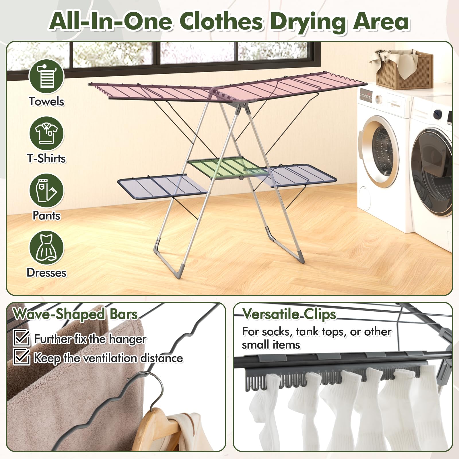 Tangkula Laundry Drying Rack, Foldable Clothes Drying Rack with Height Adjustable Wings, 33 Drying Rails & Sock Clips, Freestanding Gullwing Garment Stand for Indoor & Outdoor Use (Sliver+Grey)