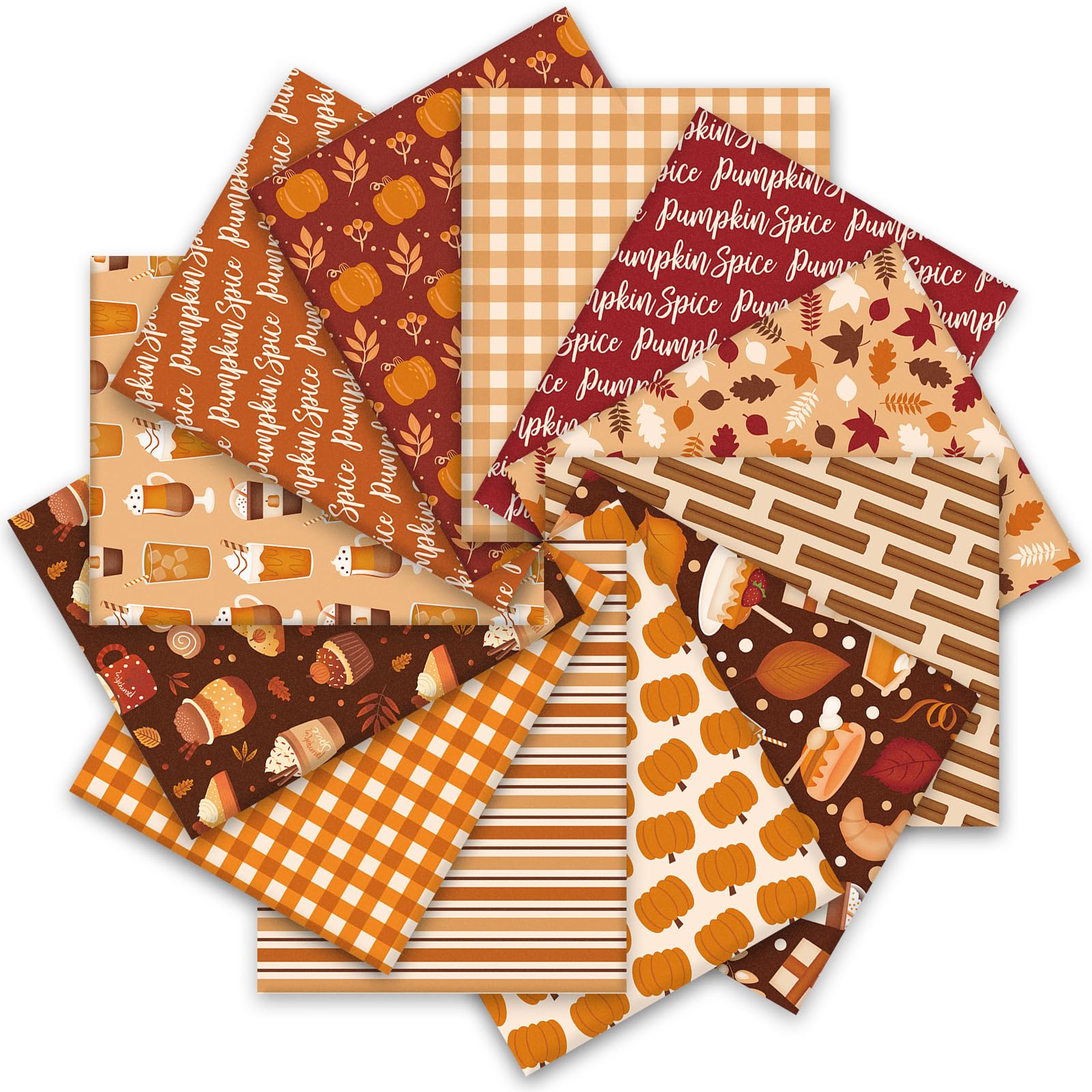 JarThenaAMCS 12Pcs Fall Cotton Fabric Bundles 18 x 22 Inch Maple Leaf Pumpkin Drinks Plaid Fat Quarters Autumn Thanksgiving Sewing Fabrics for DIY Craft Party Decor