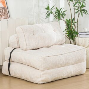 maxyoyo folding sofa bed, convertible sleeper chair with pillow foldable mattress with back support, portable fold out sofa couch fuzzy fabric comfy floor sofa lounge for living room apartment, beige