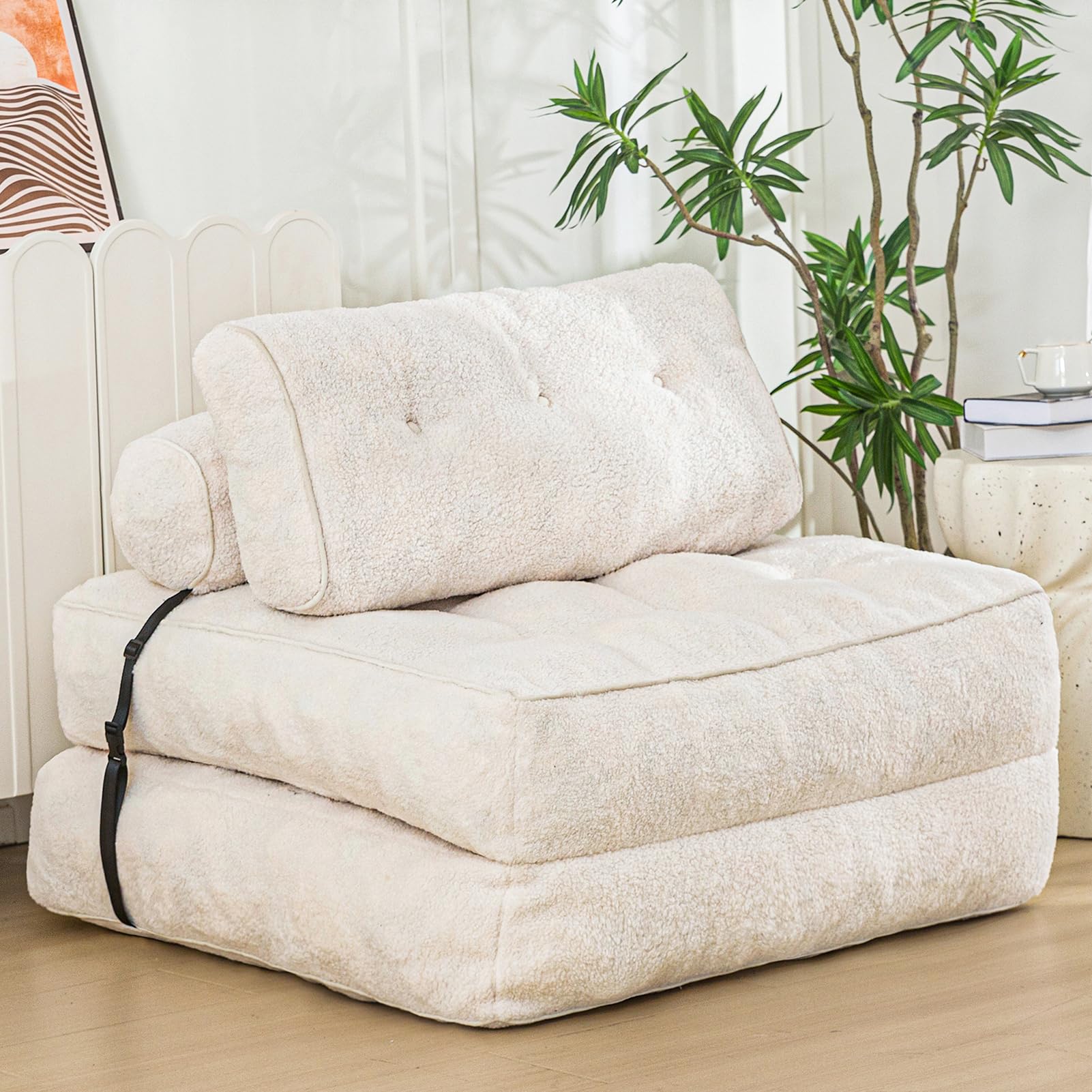 MAXYOYO Folding Sofa Bed, Convertible Sleeper Chair with Pillow Foldable Mattress with Back Support, Portable Fold Out Sofa Couch Fuzzy Fabric Comfy Floor Sofa Lounge for Living Room Apartment, Beige