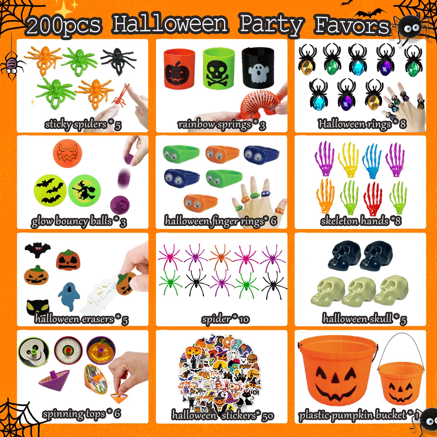 SQZUWIT 200pcs Halloween Party Toys Assortment for Kids Halloween Party Favors Prizes Box Toy Assortment Classroom Trick Treating Halloween Treasure Box Toys