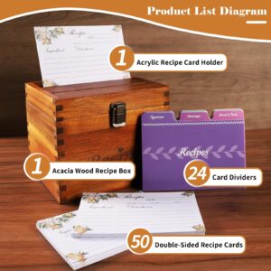 Acacia Recipe Box with 50 Blank Recipe Cards and 24 Dividers | Wooden Recipe Box with Divider Tabs, 2 Compartment | Wood Recipe Box with Double Sided 4 x 6 Recipe Cards and Box Set