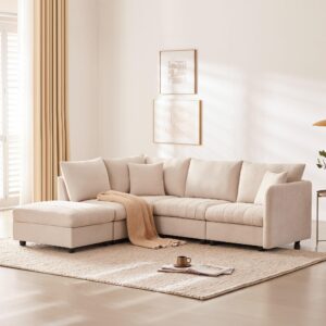 bostana convertible sectional sofa couch,2 pillows,5-seat couch with convertible ottoman,various combinations,l-shape indoor furniture for living room,apartment,office（beige）