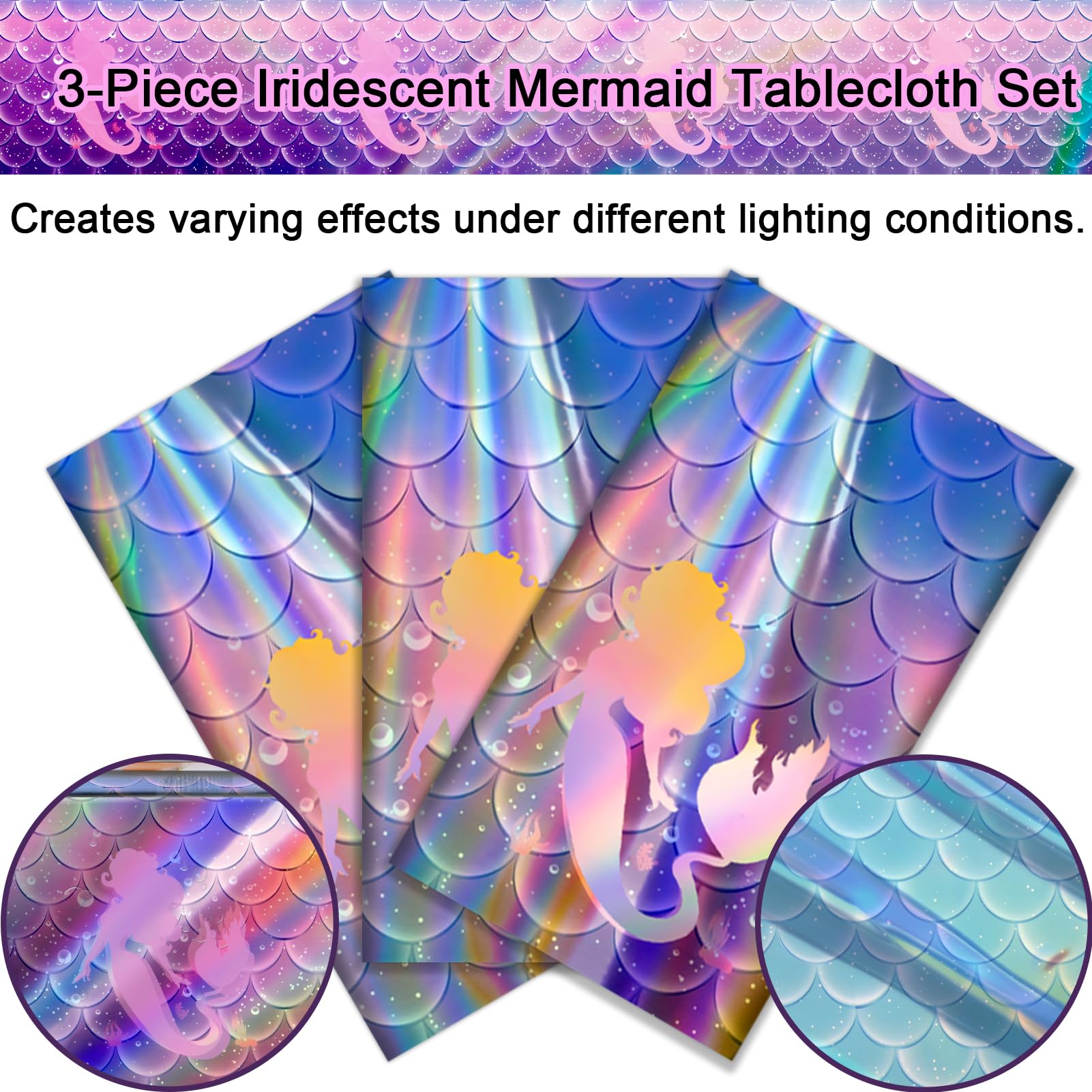 iCrius Mermaid Tablecloth, 3pcs - Disposable Iridescent Tablecloth - Little Mermaid Birthday Party Decorations (54 x 108 Inch)