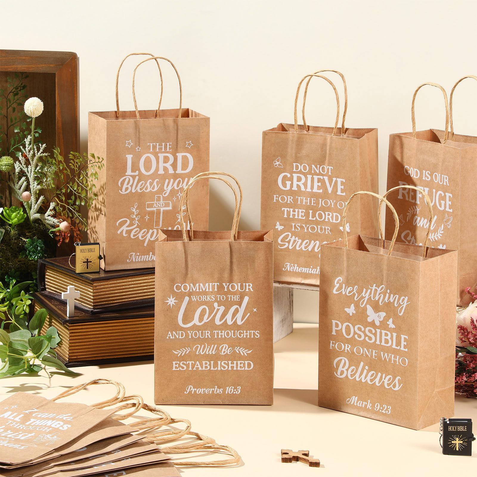 Chiisong 100 Pcs Christian Gift Bags Religious Bible Verse Treat Bags with Handles Inspirational Scripture Church Bag for Sunday School Baptism Guest Birthday Party Favor (Kraft with White)