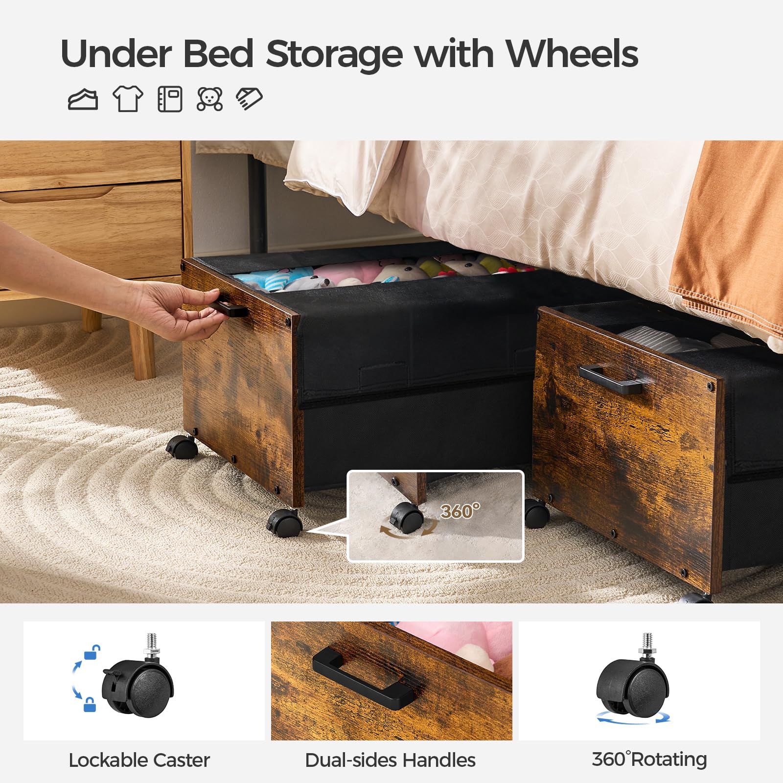 FOUCSSOMEI Under Bed Storage with Wheels, Under Bed Drawers On Wheels, Rolling Under Bed Storage with Metal Frame, for Clothes Shoes Blanket Toys, Patented Design