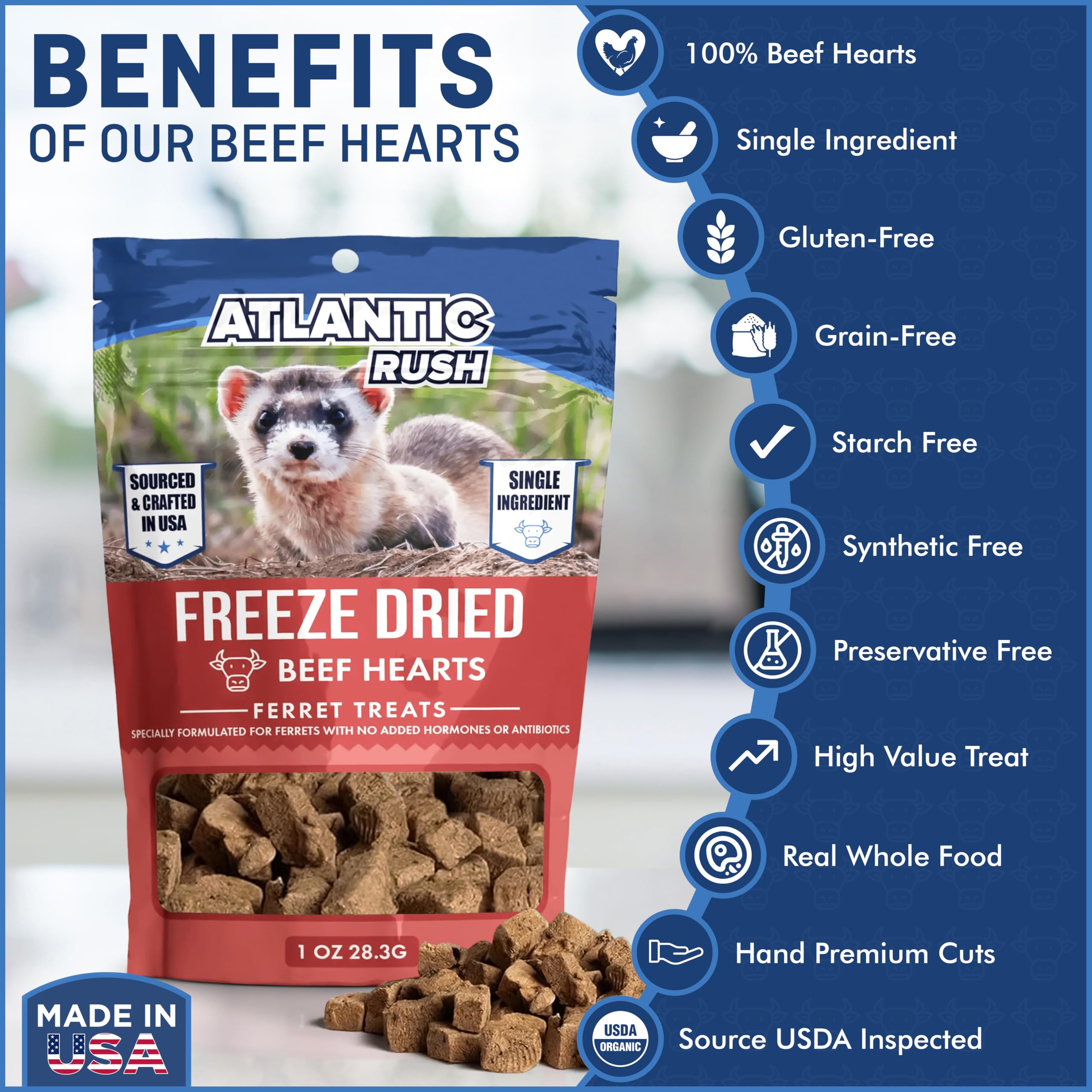 Freeze Dried Small Pet Treats - 1oz Resealable Bag of Treats for Ferrets - Ferret Snacks - Single Ingredient Ferret Food With No Preservatives Or Fillers- Small Animals Treats (1 oz, Beef Heart)