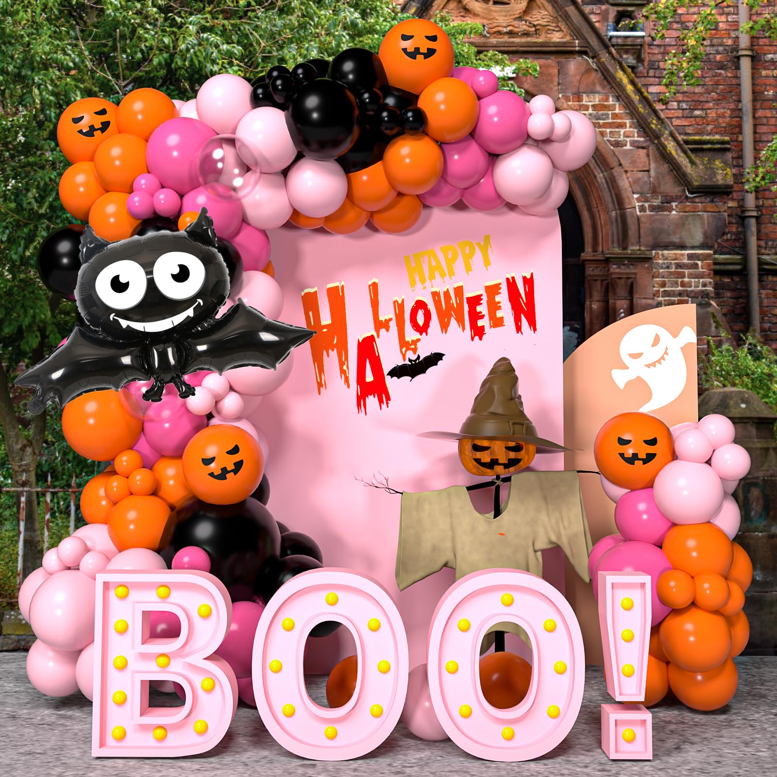 BACOKEY Halloween Balloons Halloween Balloon Garland Arch Kit With Black Orange Hot Pink Balloons Ghost Bat Foil Balloon for Baby Shower Birthday Party Halloween Party Decoration