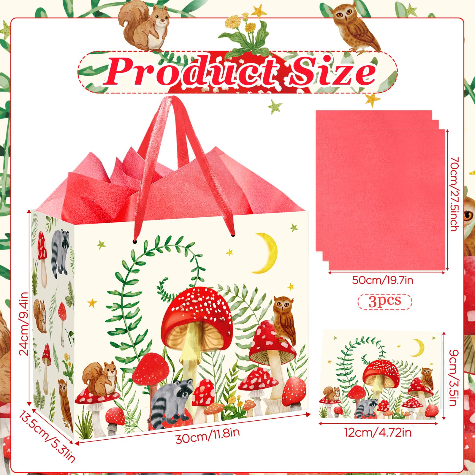 Mushroom Gift Bag for Mushroom Party Decoration Mushroom Birthday Gift Bag with Tissue Papers and Card Mushroom Themed Wrapping Bags Squirrel Owl for Boys Girls Jungle Party Favor Bags Baby Shower