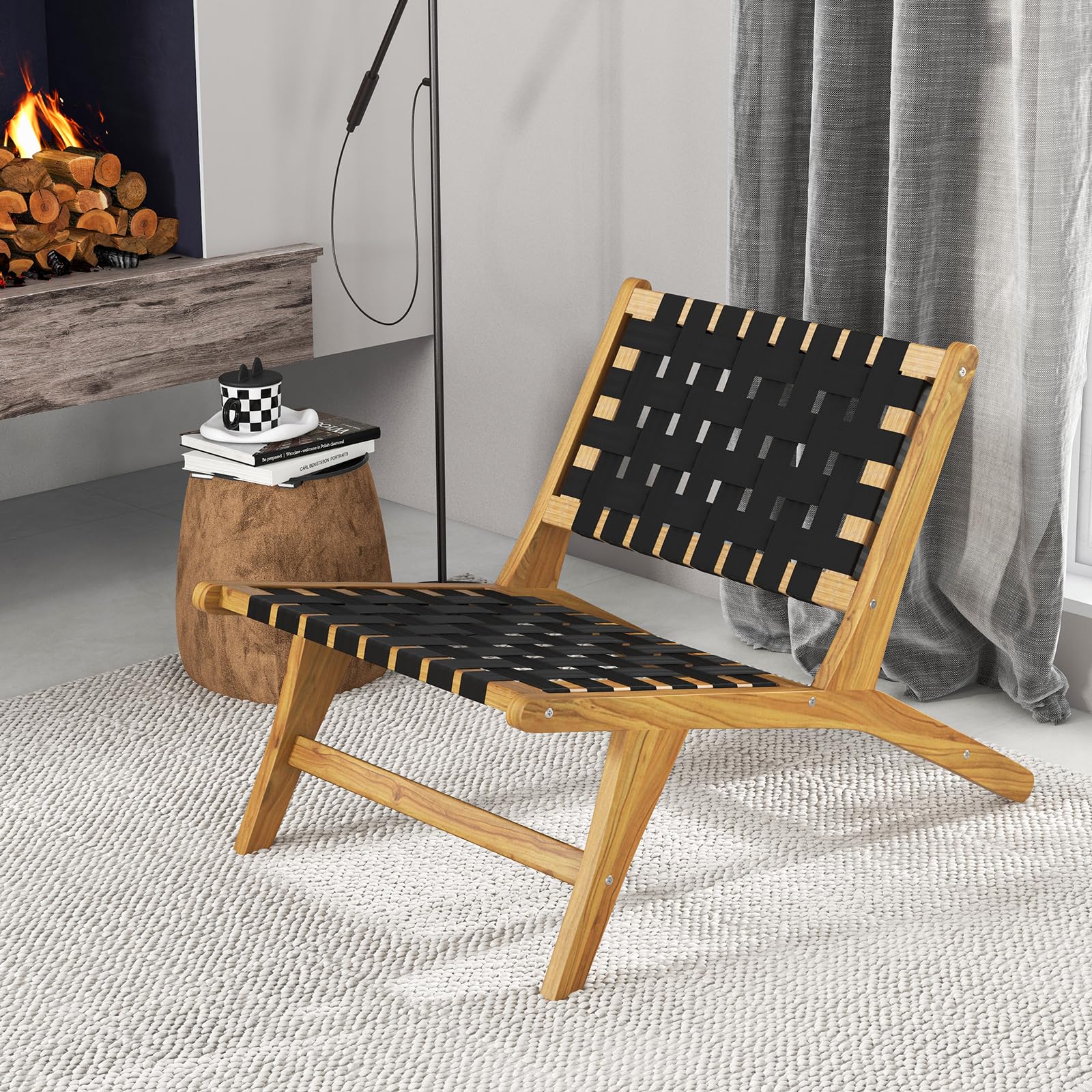 Tangkula Teak Wooden Chair, Mid Century Modern Accent Chair with Woven Webbing Seat & Backrest for Patio, Porch, Balcony, Lawn, Garden, Backyard, Poolside & Deck Indoor Outdoor (2)