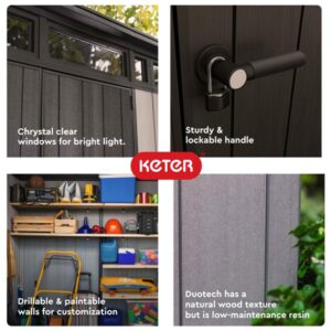 Keter Artisan 7 x 7 Foot Outdoor Garden Tool Storage Shed Backyard Utility Organizer Bundled with 40 Inch Steel Shelving Kit, Gray