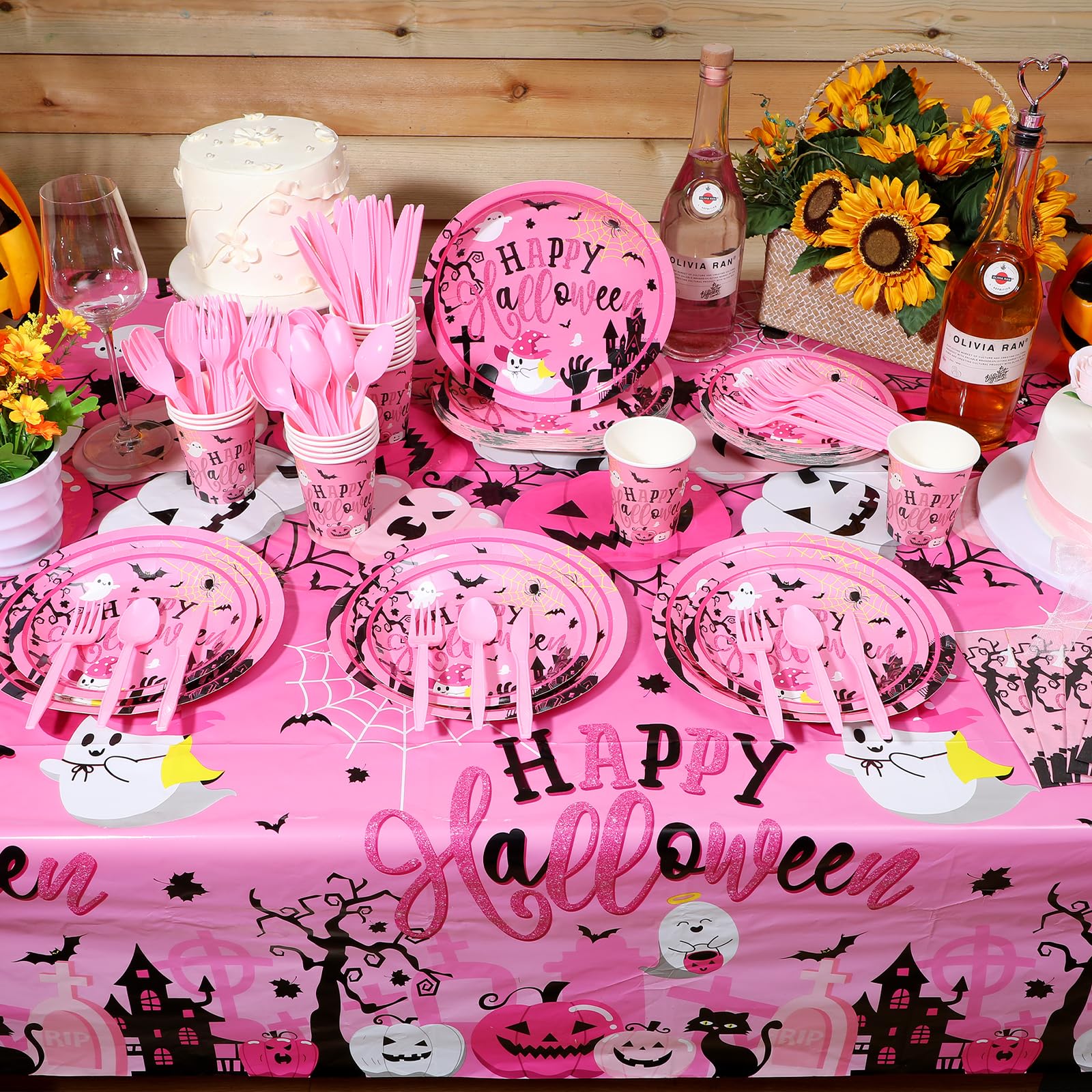 Oudain 3 Pcs Pink Halloween Tablecloth for Girls Plastic Happy Halloween Table Covers 54 x 108 Inch Disposable Ghost Pumpkin Table Cloths Halloween Boo Birthday Party Baby Shower Supplies