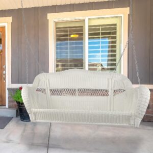 White Hand Woven Resin Wicker Hanging Porch Swing with Chain - Two Person