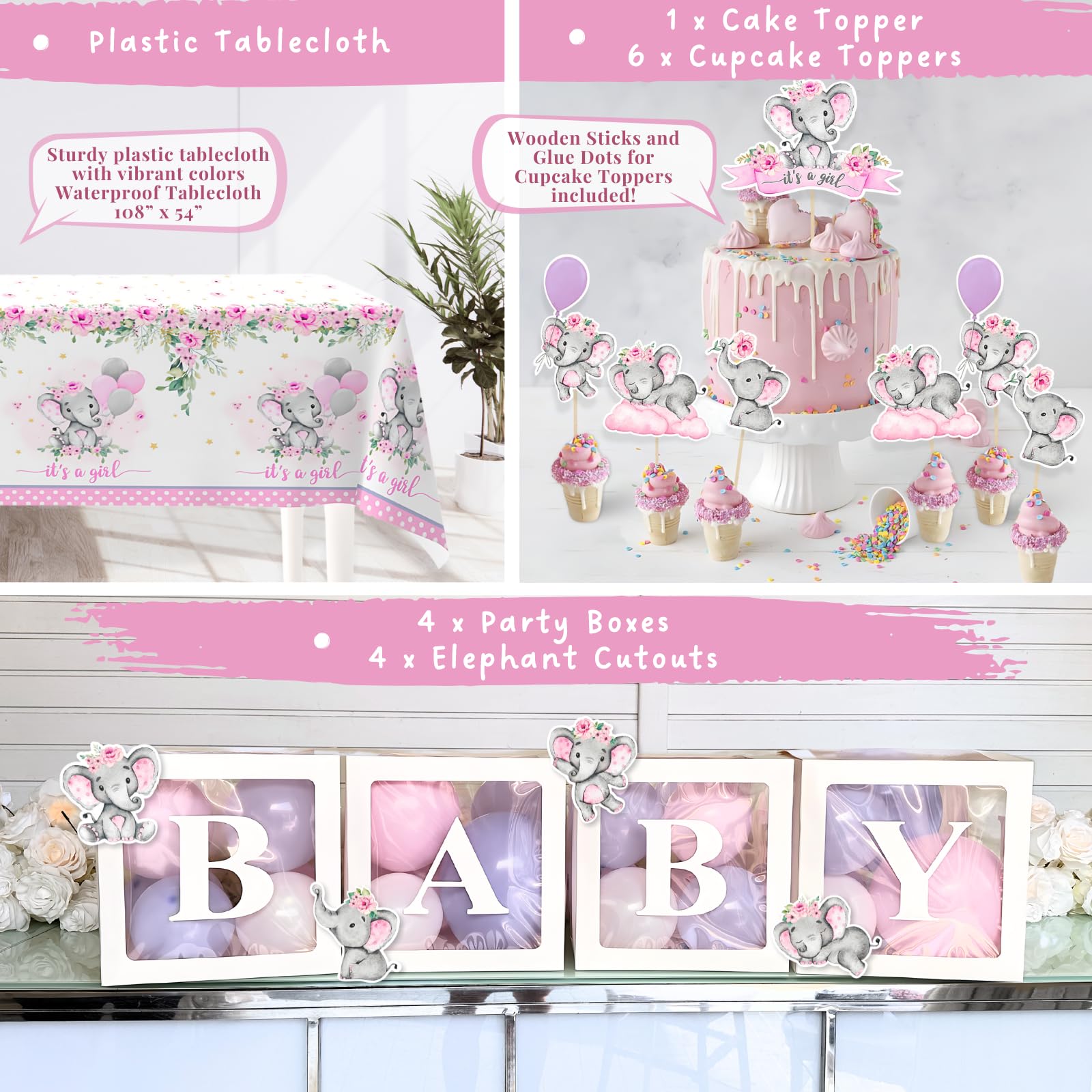 169 pc Premium Pink Elephant Baby Shower Decorations Girl, Balloon Garland Arch, Balloons Boxes, It's A Girl Backdrop, Tablecloth, Cake Topper - Decoracion de Baby Shower para Niña