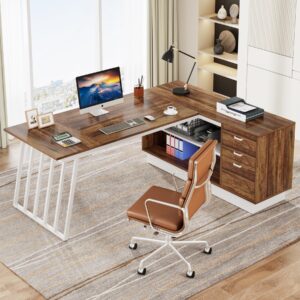 Tribesigns 71-Inch Executive Desk, L-Shaped Desk with Cabinet, Large Office Desk with Drawers and Storage Shelves, Writing Table Computer Desk for Home Office, Brown and White