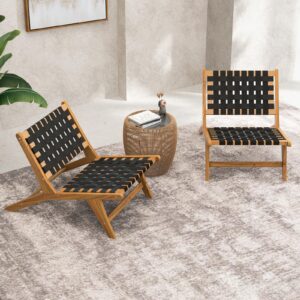 Tangkula Teak Wooden Chair, Mid Century Modern Accent Chair with Woven Webbing Seat & Backrest for Patio, Porch, Balcony, Lawn, Garden, Backyard, Poolside & Deck Indoor Outdoor (2)