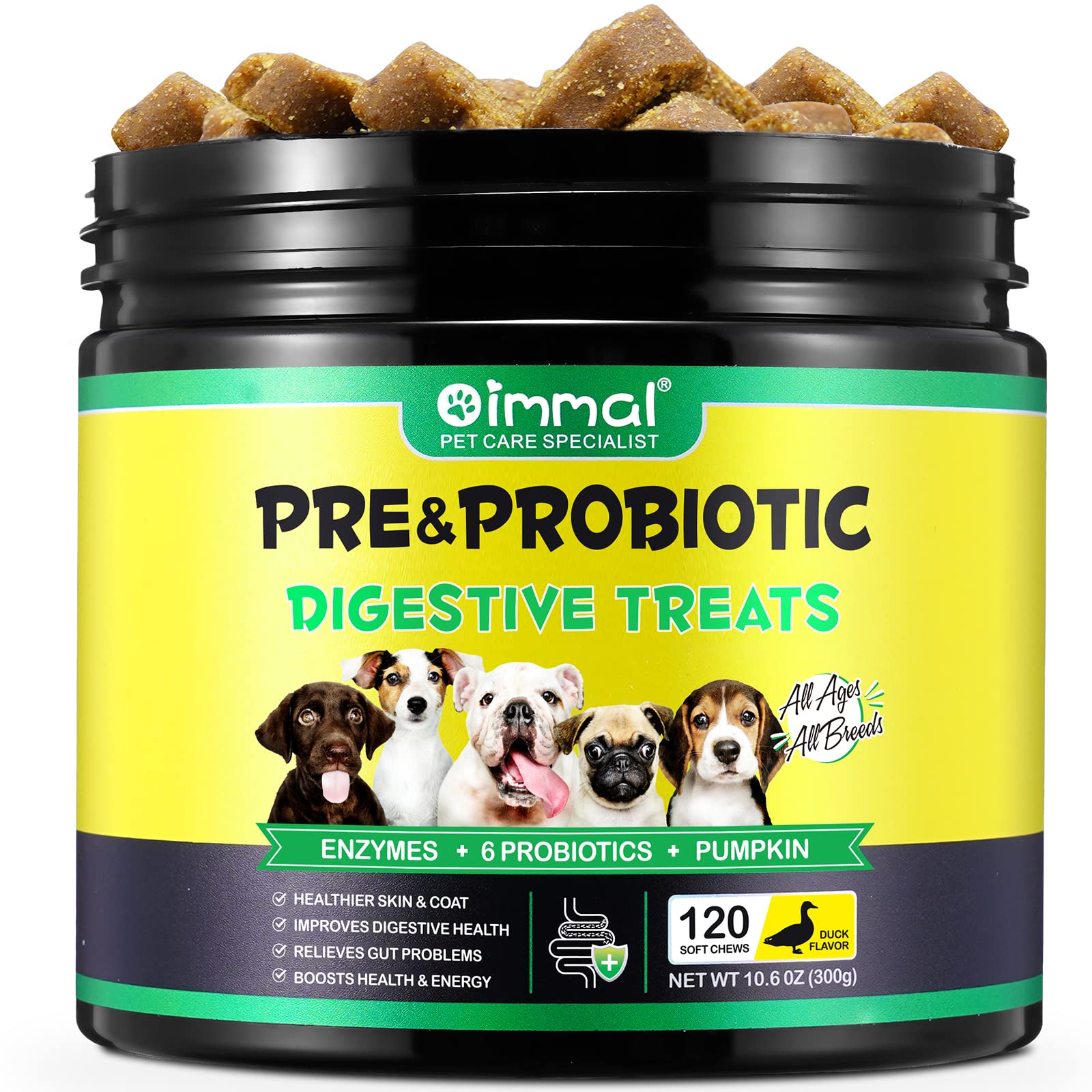 Probiotics Chews for Dogs - Pre & Probiotic Digestive Treats for Dog, Support Gut Health, Seasonal Allergies, Itchy Skin, Dog Supplement Soft Chews for Pet Immune System for Dogs - 120pc/Duck Flavor