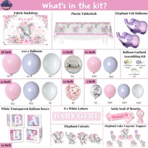 169 pc Premium Pink Elephant Baby Shower Decorations Girl, Balloon Garland Arch, Balloons Boxes, It's A Girl Backdrop, Tablecloth, Cake Topper - Decoracion de Baby Shower para Niña