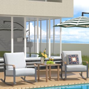 NATURAL EXPRESSIONS Glider Rocking Chair Bistro Set, 3 Pieces Outdoor Patio Furniture Conversation Set with 2 Rocker Chairs, 1 Table and Thick Cushions for Backyard, Porch, Balcony, 350lbs, Grey.