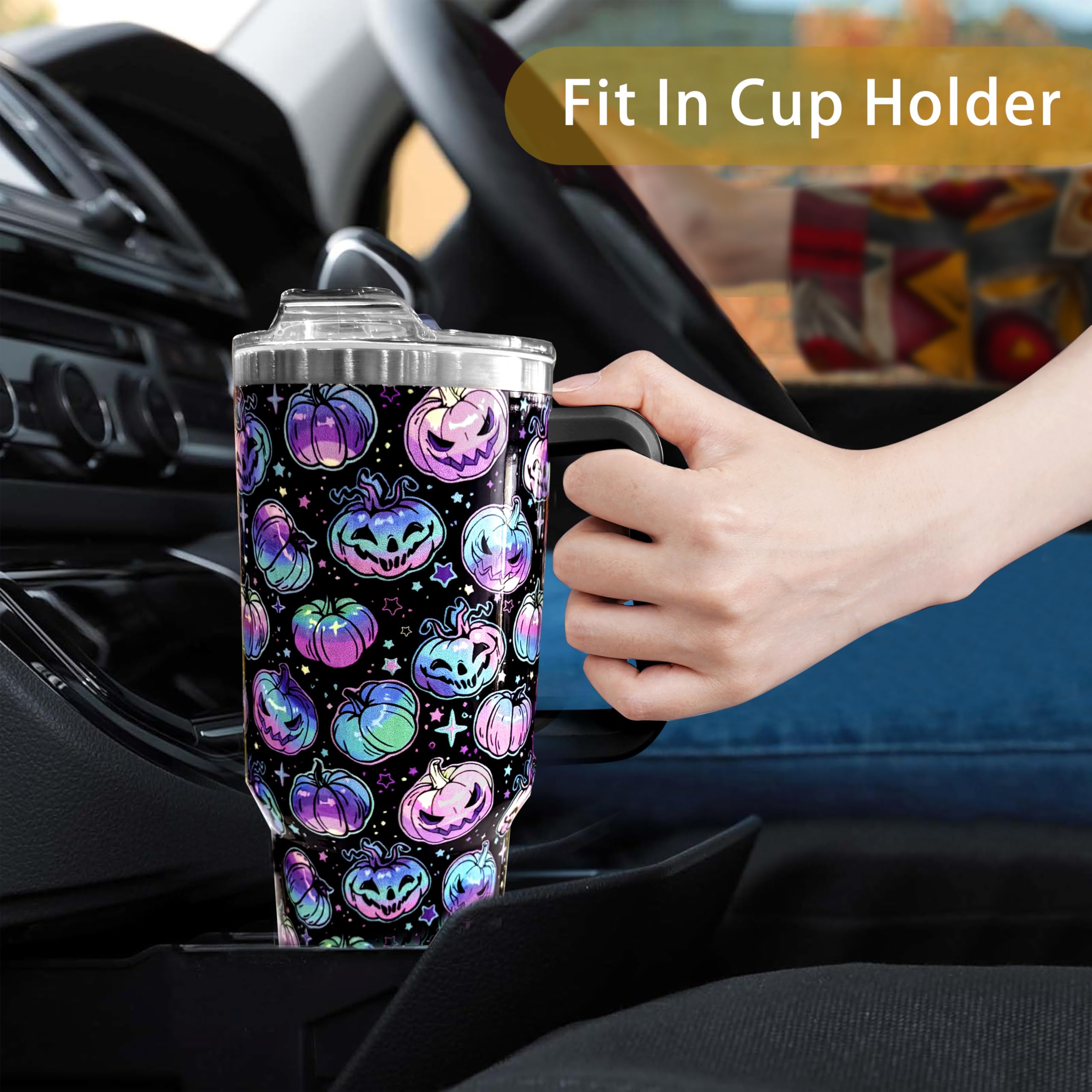 Halloween Tumbler, Spooky Neon Pumpkin Mug Cup Ghost Tumblers with Handle and Straw 40 oz, Halloween Gifts for Friends Family Insulated Water Bottle