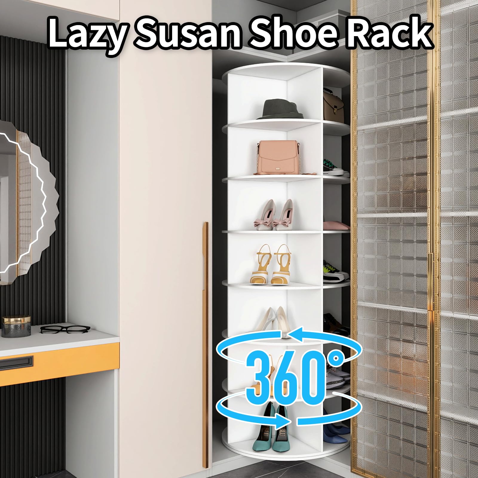 HMEEN 7 Tier Rotating Shoe Rack Tower, Easily Assembled Lazy Susan Shoe Rack, 360° Spinning Shoe Rack Circular Storage, Multi-Purpose Round Shoe Rack, White