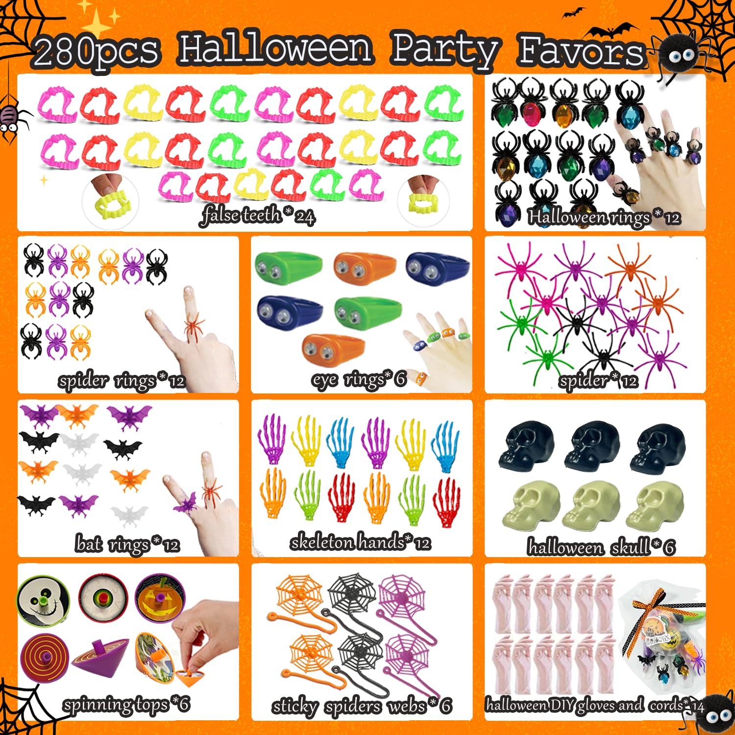 SQZUWIT 280Pcs Halloween Party Favors, 12 Pack Gloves Stuffed Toys Bulk Assortment for Kids, Teens Halloween Goodie Treat Bags Fillers, Pinatas Stuffers, Classroom Prizes, Treasure Box Toys