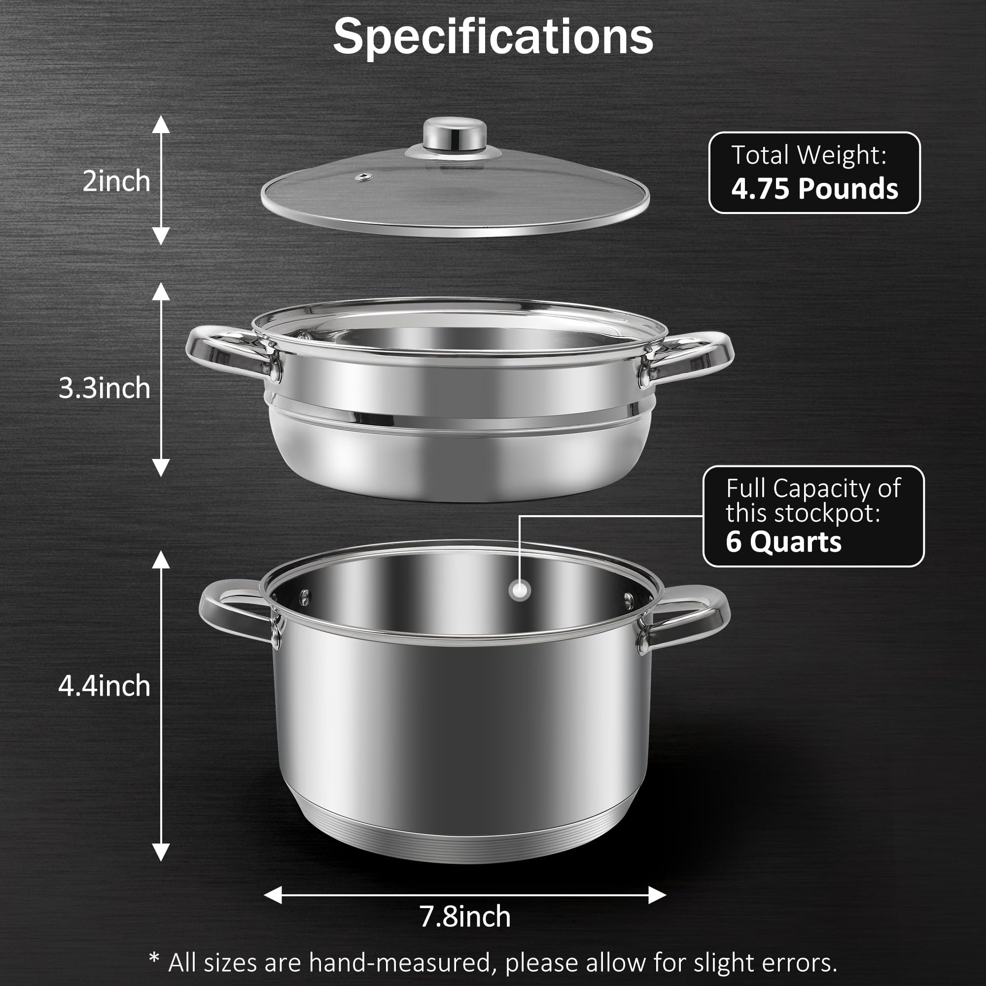 AuFranc® 4 Quart 18/10 Stainless Steel Tri-ply Stockpot and Steamer with Tempered Glass Lid, Multipurpose Steamer Pot Compatible with All Cooktops, Non-Toxic Soup Pot, Oven & Dishwasher Safe (Silver)