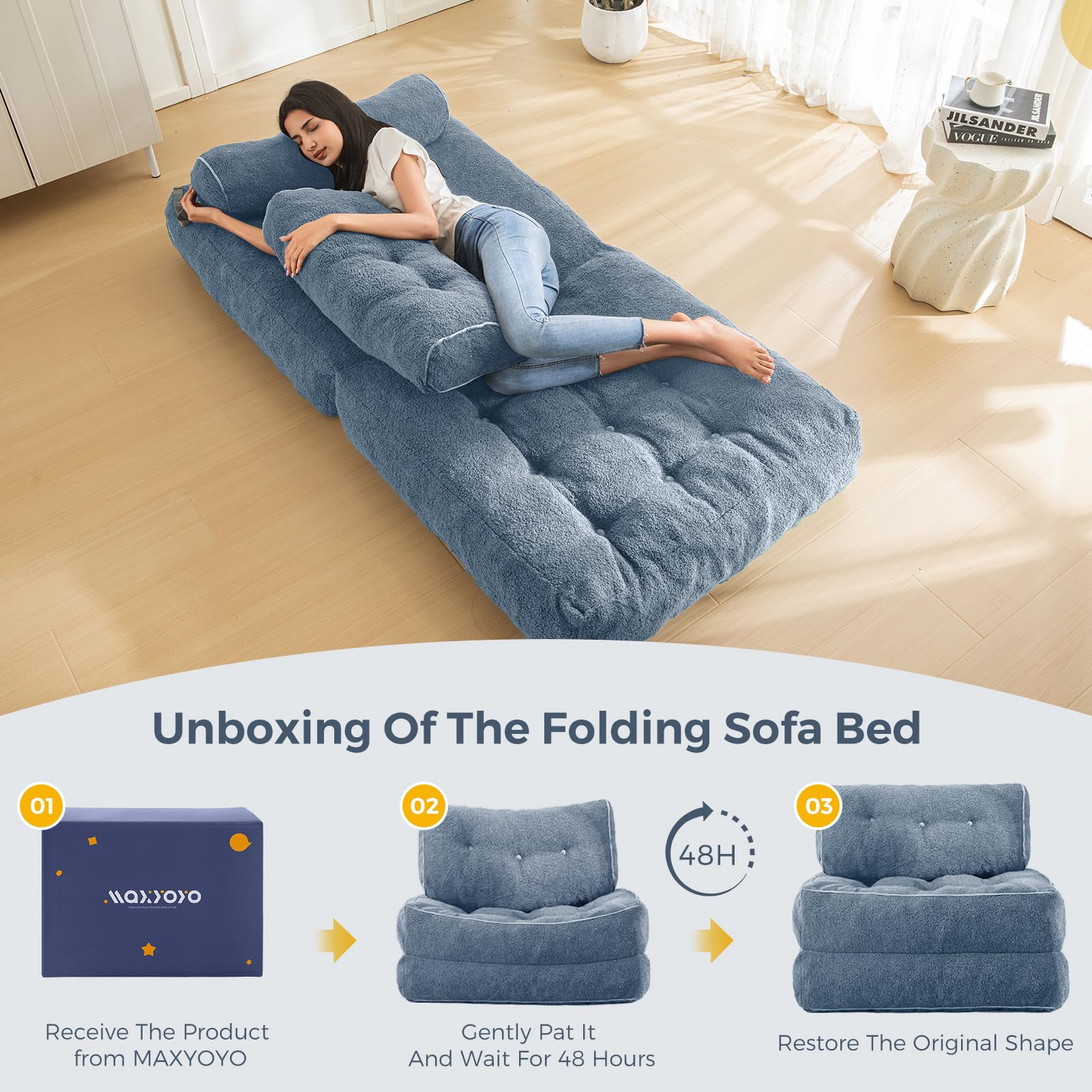 MAXYOYO Folding Sofa Bed, Convertible Sleeper Chair with Pillow Foldable Mattress with Back Support, Portable Fold Out Sofa Couch Fuzzy Fabric Comfy Floor Sofa Lounge for Living Room, Dusty Blue