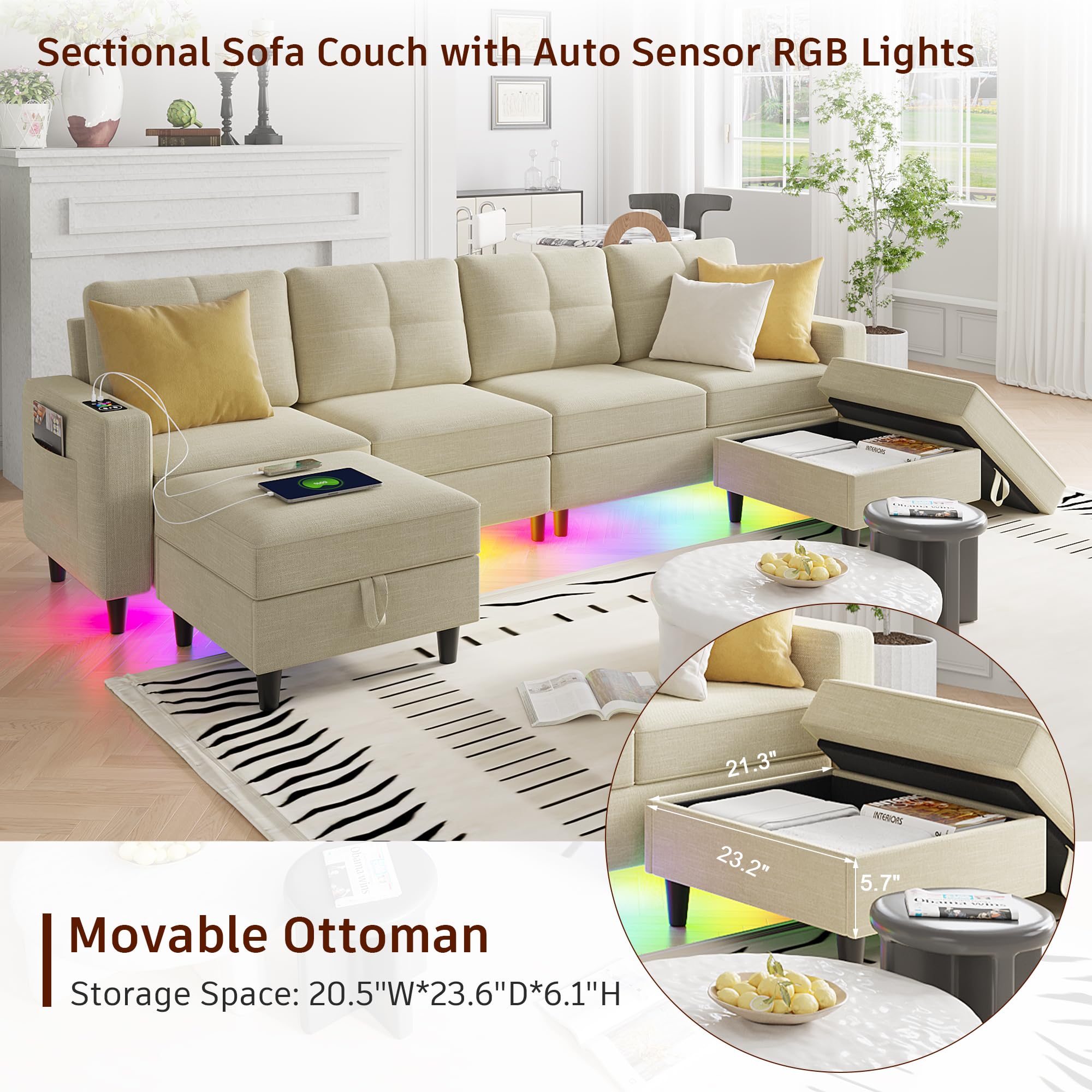 FOMNEY Sectional Couche for Living Room, Modular U Shaped Sofa Couchs with RGB Lights and Charging Ports, 6 Seat Convertible Sectional Sofa with Storage Ottoman (Beige)