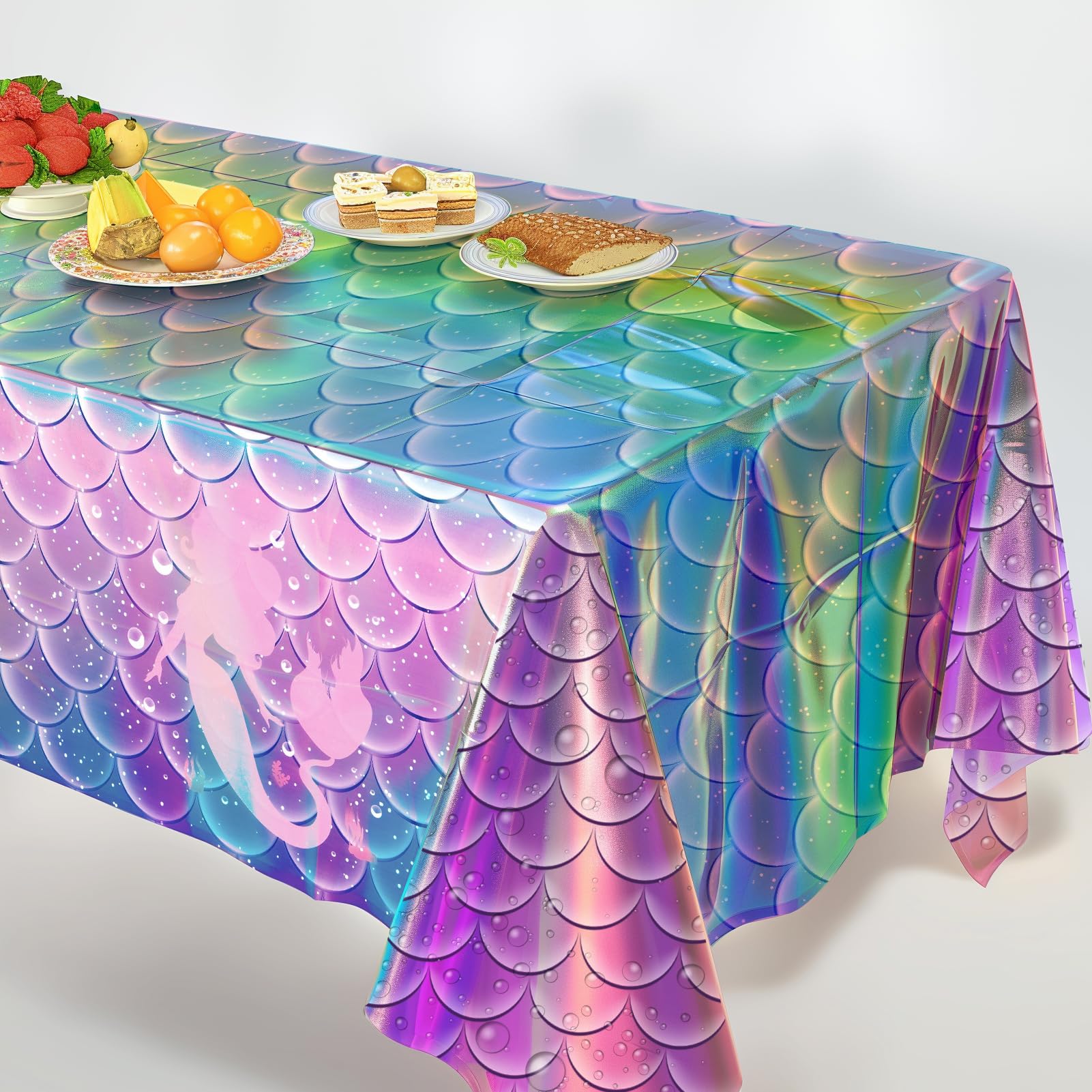 iCrius Mermaid Tablecloth, 3pcs - Disposable Iridescent Tablecloth - Little Mermaid Birthday Party Decorations (54 x 108 Inch)