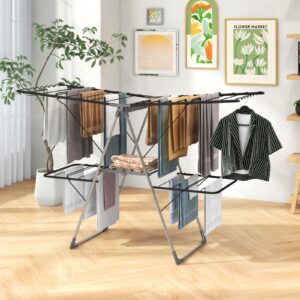 Tangkula Laundry Drying Rack, Foldable Clothes Drying Rack with Height Adjustable Wings, 33 Drying Rails & Sock Clips, Freestanding Gullwing Garment Stand for Indoor & Outdoor Use (Sliver+Grey)