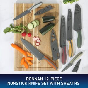 Oster Ronnan 12 Piece Knife Set, 6 Assorted Color Knives w/Nonstick Blades and 6 Sheaths