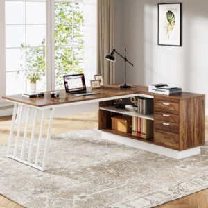 Tribesigns 71-Inch Executive Desk, L-Shaped Desk with Cabinet, Large Office Desk with Drawers and Storage Shelves, Writing Table Computer Desk for Home Office, Brown and White