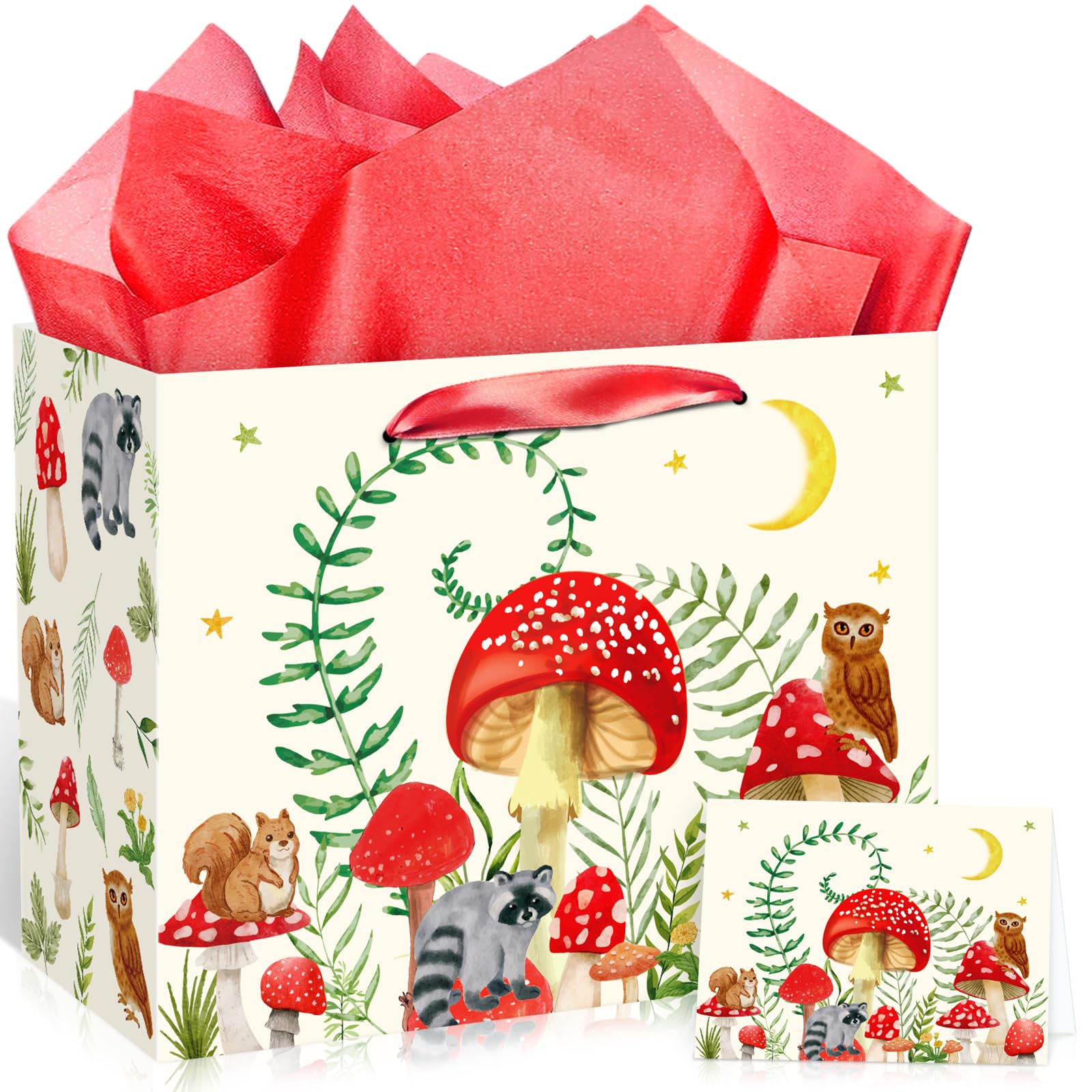 Mushroom Gift Bag for Mushroom Party Decoration Mushroom Birthday Gift Bag with Tissue Papers and Card Mushroom Themed Wrapping Bags Squirrel Owl for Boys Girls Jungle Party Favor Bags Baby Shower