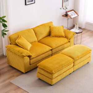 Chaise Longue Indoor with Movable Ottoman, 84.6" Modern Corduroy Loveseat Lounge Sofa Chair with Deep Seat, Upholstered L Shaped Modular Sectional Sofa Couches for Living Room, Apartment, Yellow