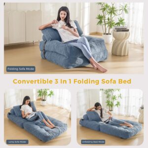 MAXYOYO Folding Sofa Bed, Convertible Sleeper Chair with Pillow Foldable Mattress with Back Support, Portable Fold Out Sofa Couch Fuzzy Fabric Comfy Floor Sofa Lounge for Living Room, Dusty Blue