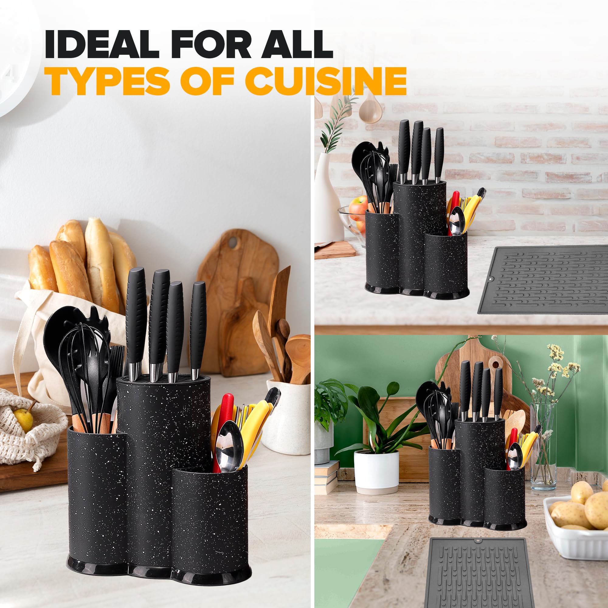 OPPS Products Kitchen Organization Set includes: Utensil holder, Knife Holder and Silicone Drying Mat for kitchen counter, stainless steel kitchen utensil organizer., Medium, Black